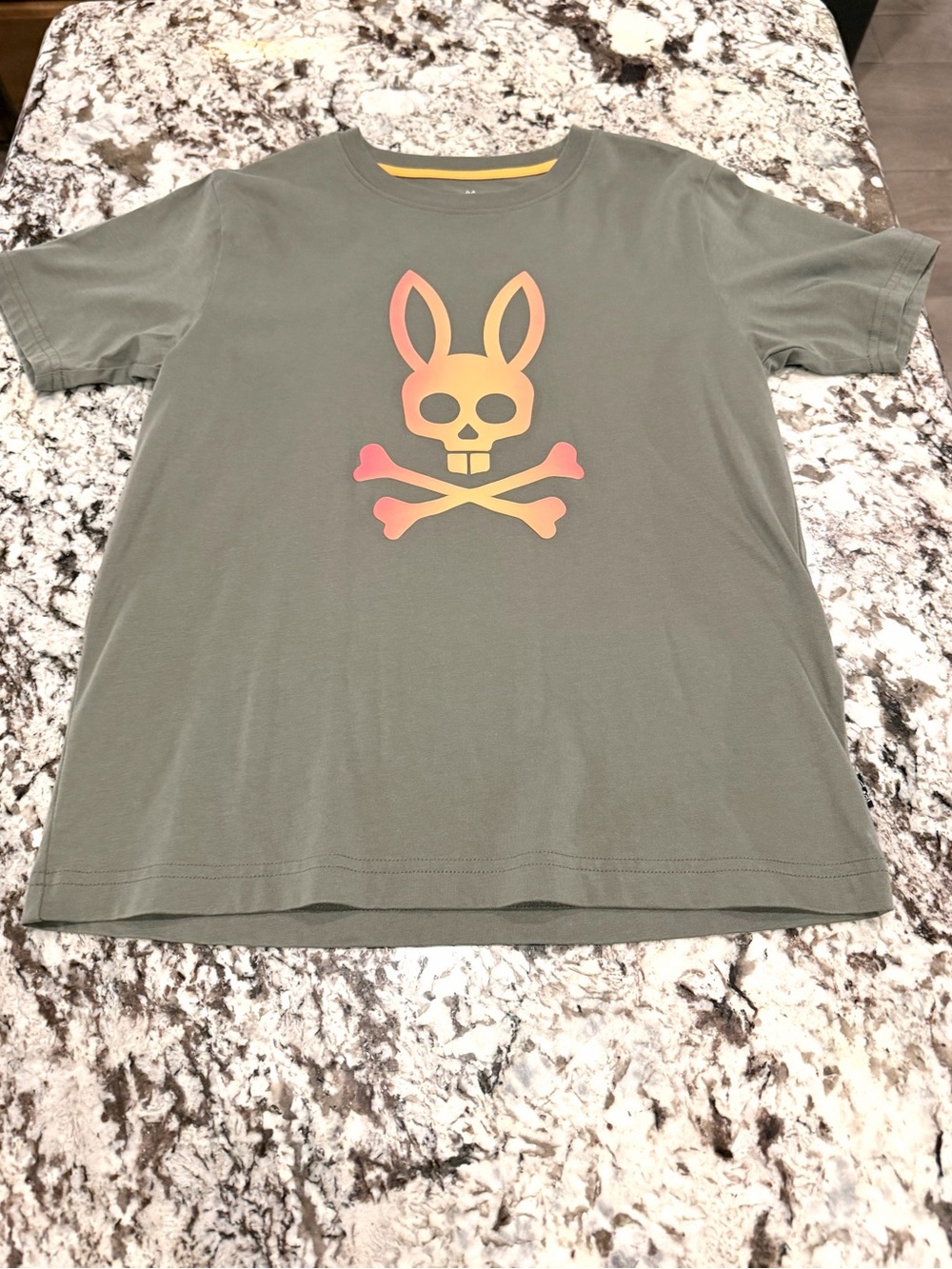 Psycho Bunny Olive Tee with Peach-to-Yellow Gradient